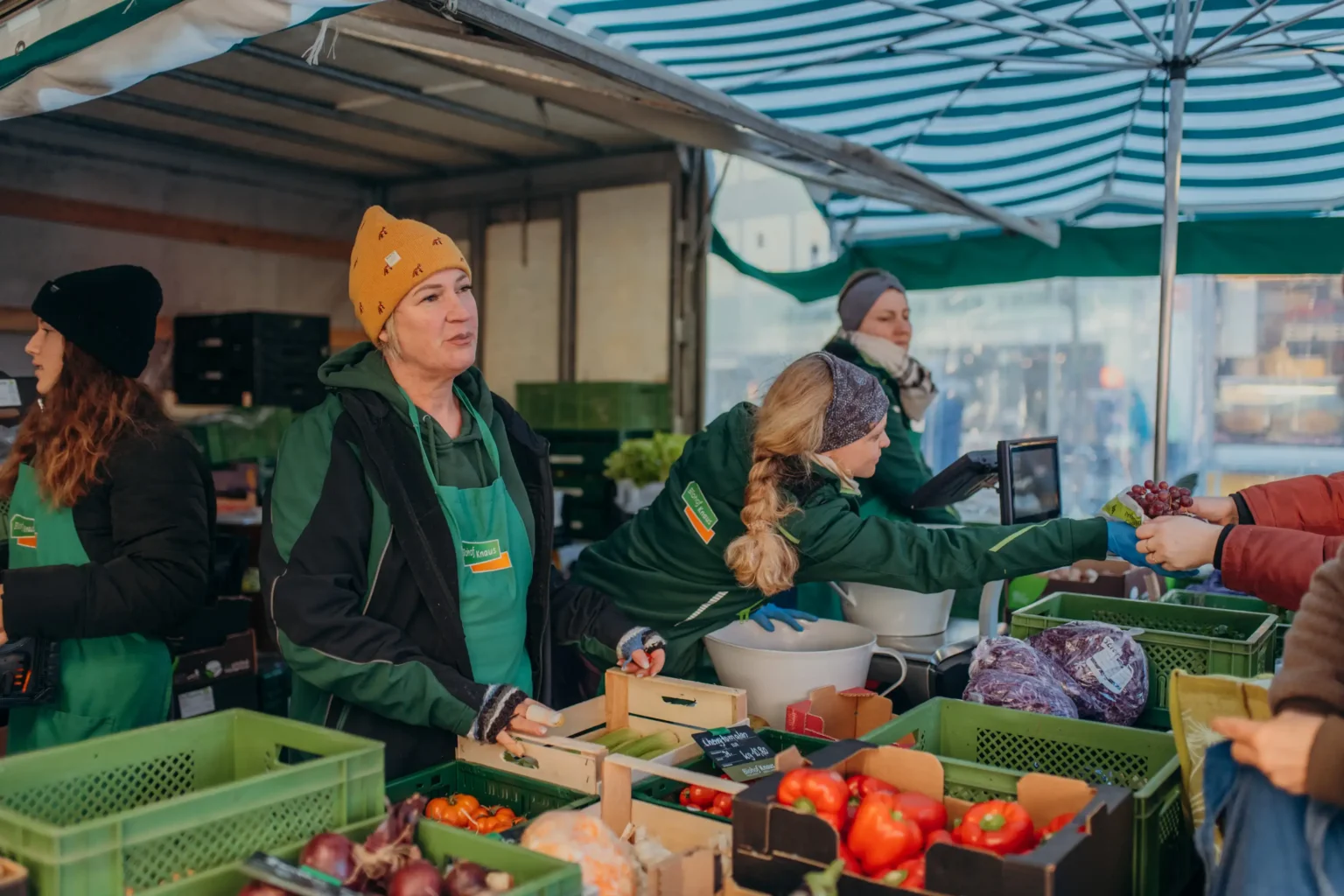 Marktbesucher kaufen frisches Gemüse am Stand des Biohofs Knaus